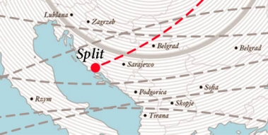 Fragment mapy Europy z zaznaczonym Splitem