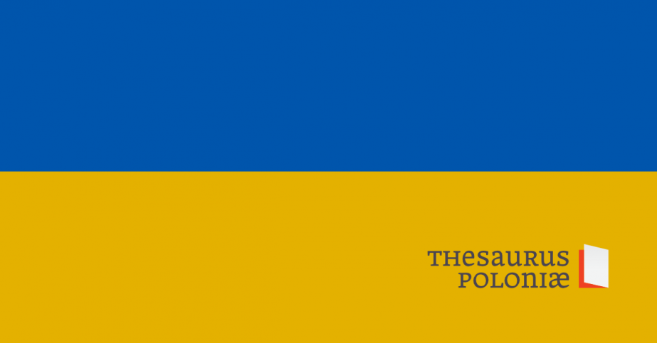 Flaga Ukrainy z napisem Thesaurus Poloniae.