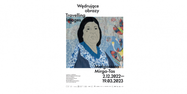 A banner with a graphic by Margaret-Mirga Tas, the name and date of the exhibition. 